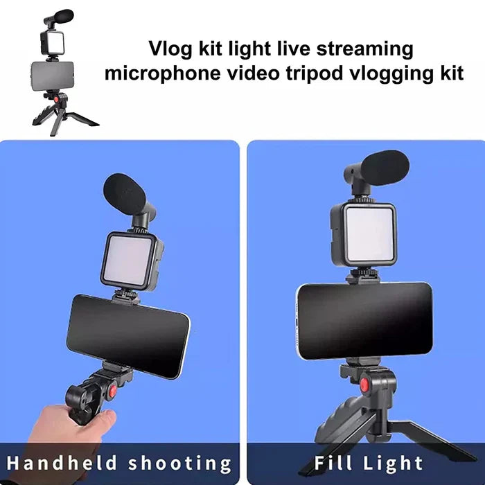 Vlogging Kit for Video Making with Mic, Mini Tripod Stand, LED Light & Phone Holder Clip