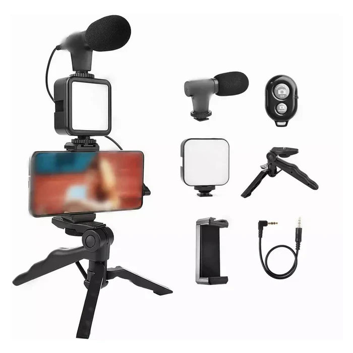 Vlogging Kit for Video Making with Mic, Mini Tripod Stand, LED Light & Phone Holder Clip