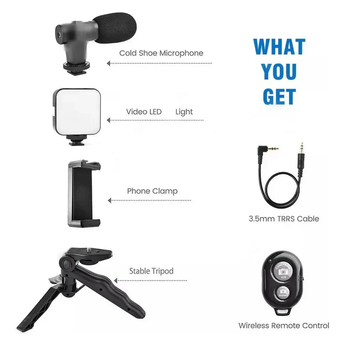 Vlogging Kit for Video Making with Mic, Mini Tripod Stand, LED Light & Phone Holder Clip