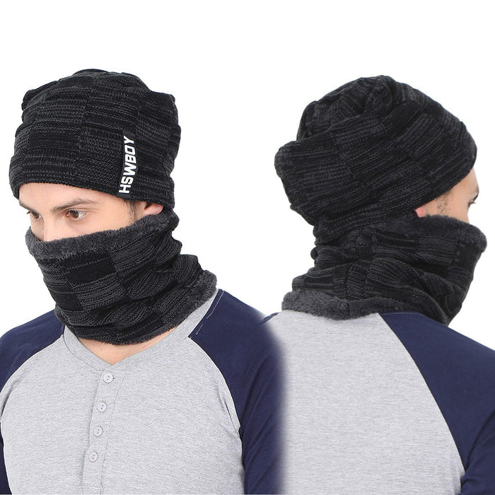 Soft Unisex Woolen Beanie Cap + Muffler Scarf Set Black