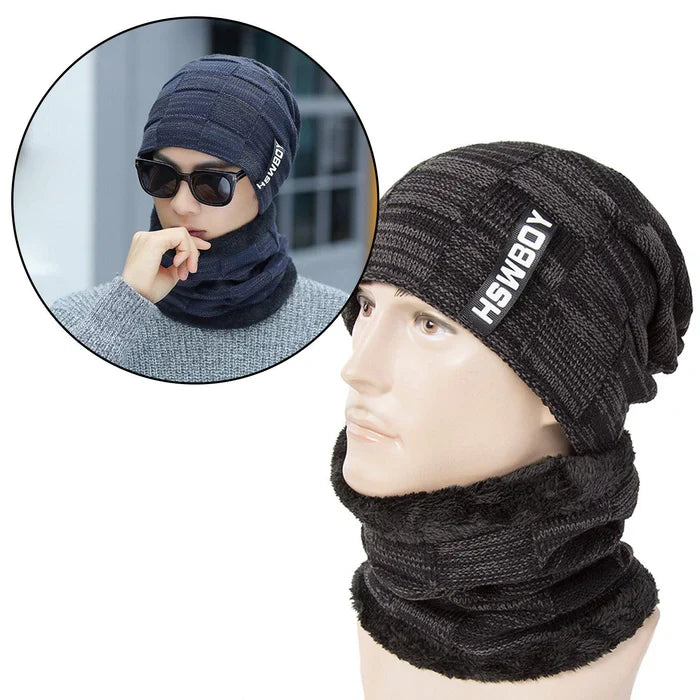 Soft Unisex Woolen Beanie Cap + Muffler Scarf Set Black